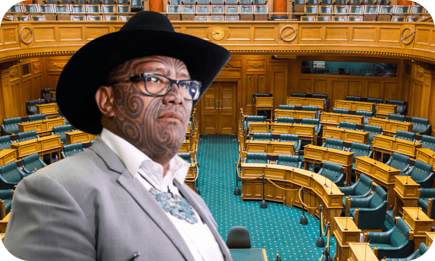 Te Pati Māori co-leader Rawiri Waititi and parliament’s debating chamber (Photos: Lynn Grieveson/Newsroom via Getty Images, NZ Parliament) 
