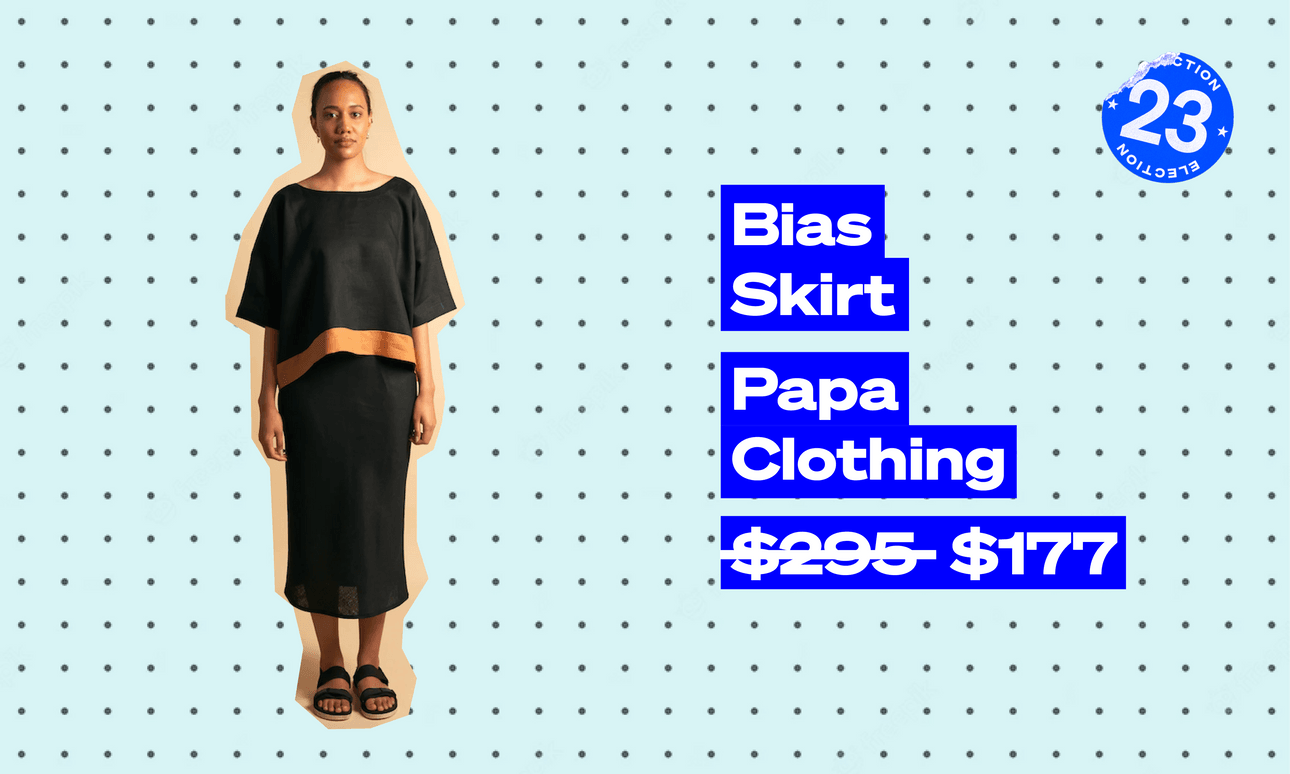 Image of model wearing black linen skirt and top