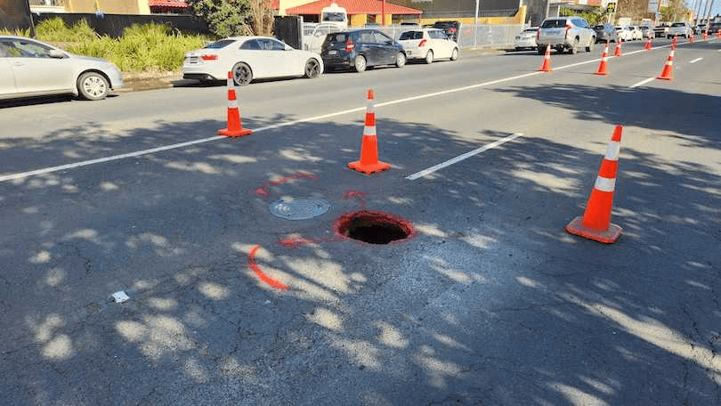 The sinkhole today, clearly bigger than it was in Carol’s photo from last night 
