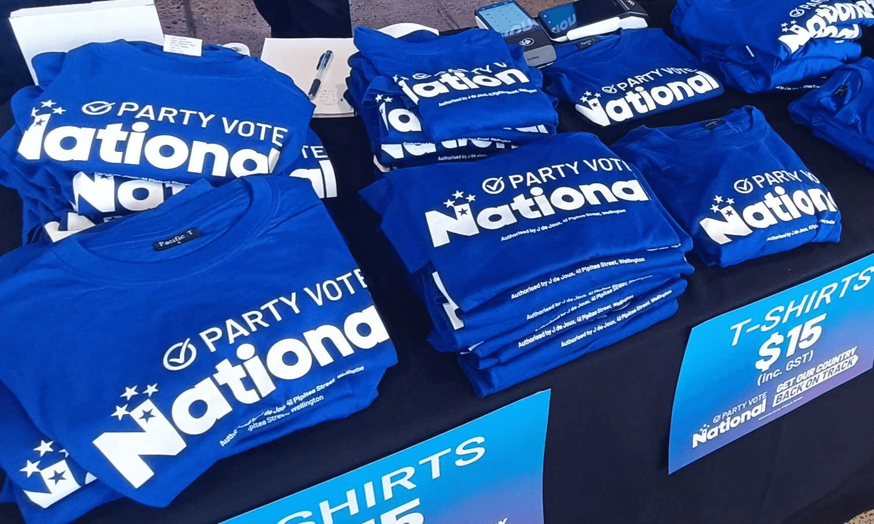 A table of National T-shirts. Photo: Toby Manhire 
