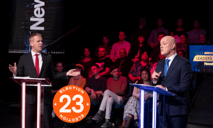 Chris Hipkins and Chris Luxon at the Newshub Decision 2023 leaders’ debate, September 27, 2023 
