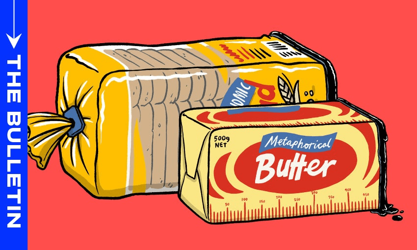An illustration of a loaf of sliced bread in yellow packaging and a block of butter labeled "Metaphorical Butter" on a red background, with "THE BULLETIN" written on a blue vertical bar at the left.