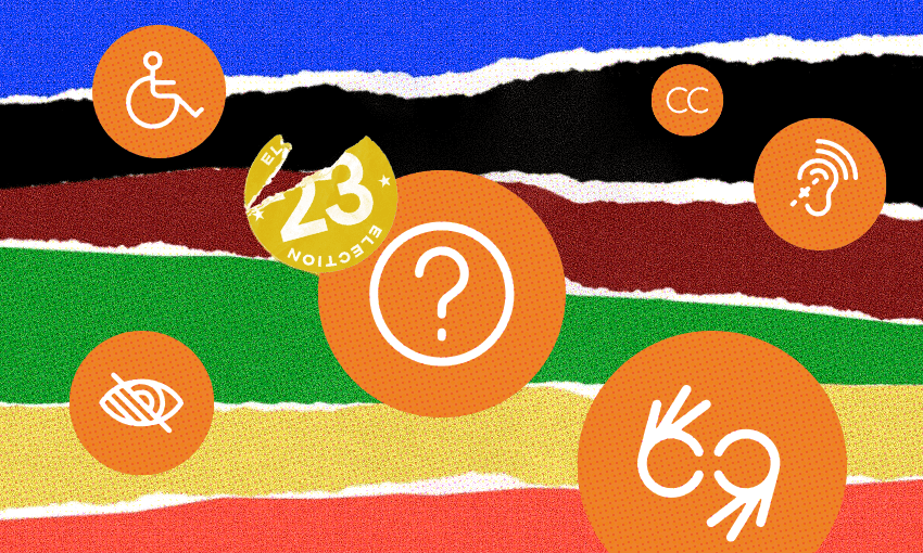 strips of different colours suggesting different political parties are overlaid with orange circles containing symbols of sight impairment, hearing impairment, wheelchair users, closed caption, a question mark. The Election 2023 sticker also features