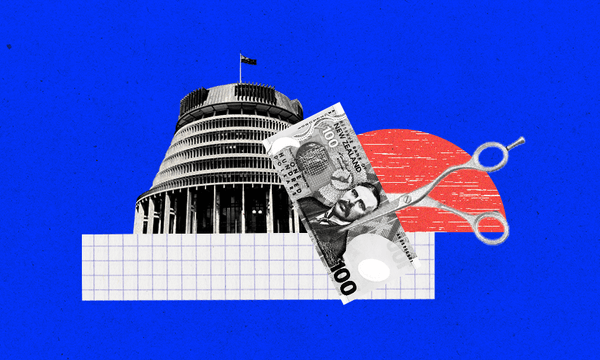 The Beehive on a blue background with scissors slicing. through a bank note