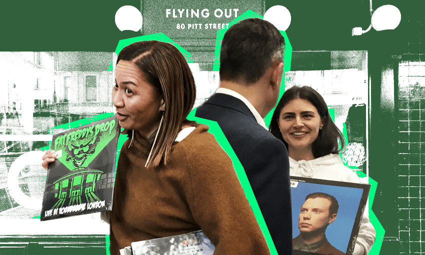 Marama Davidson, James Shaw and Chlöe Swarbrick collaged together at Flying Out record shop
