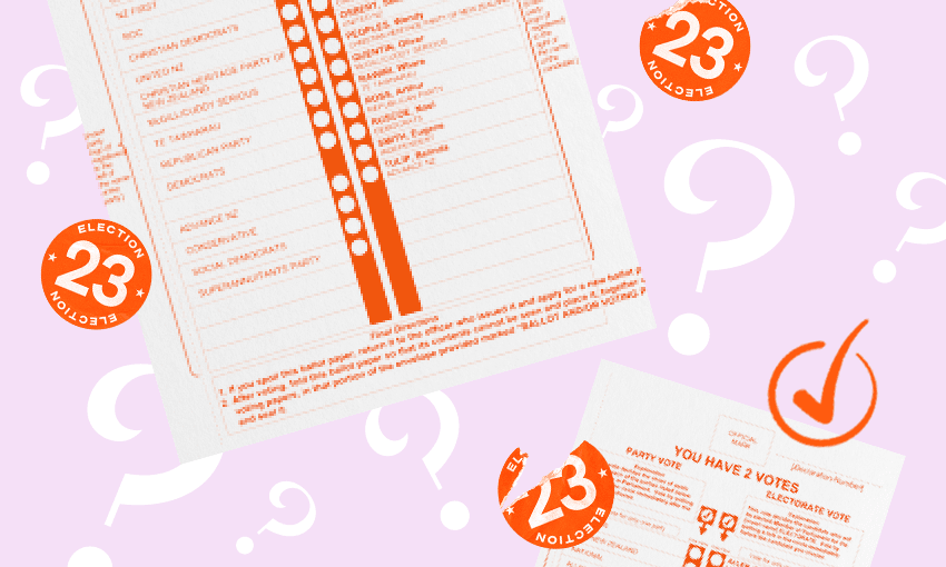 a pink backround with questionmarks and stylised voting papers