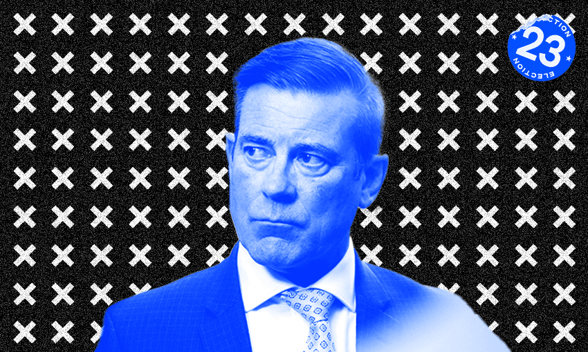 michael woodhouse with a blue tint looking thoughtful with blackcrosses in the background