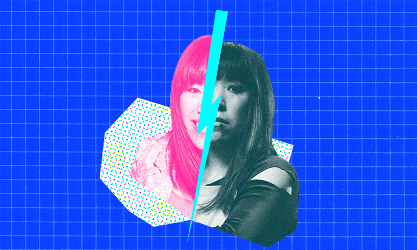 an asian woman on a blue background with pink highlights and blude lightning bold