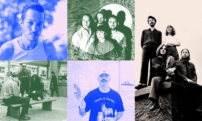 Clockwise: Marlon Williams, The Beths, Tiny Ruins, Tom Scott, Unknown Mortal Orchestra (UMO). (Image Design: Archi Banal)