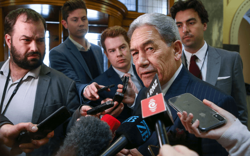 Winston Peters at parliament with reporters
