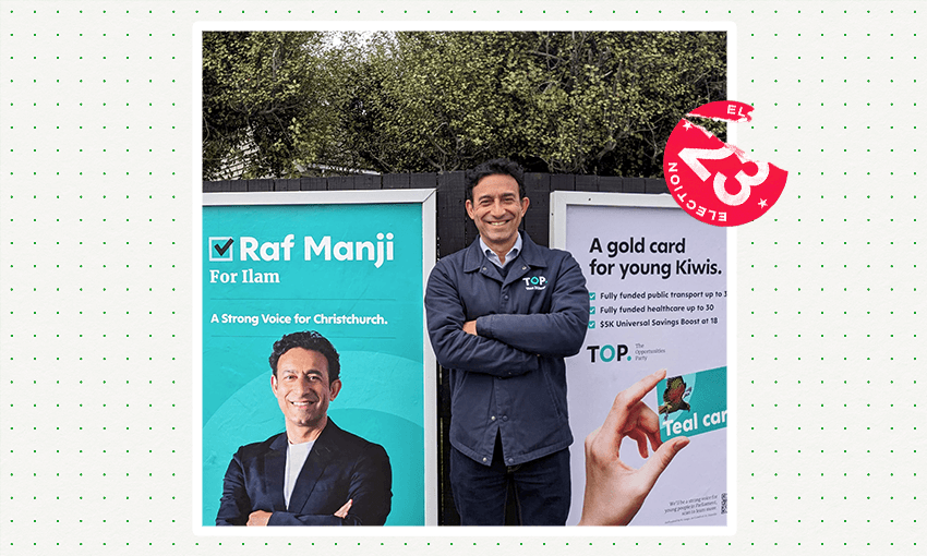 a smiling raf manji with forlded arms in front of two opportunities party posters showing his face too