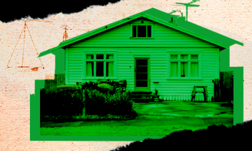 a green tinged bungalow with rips around it looking a bit threatening