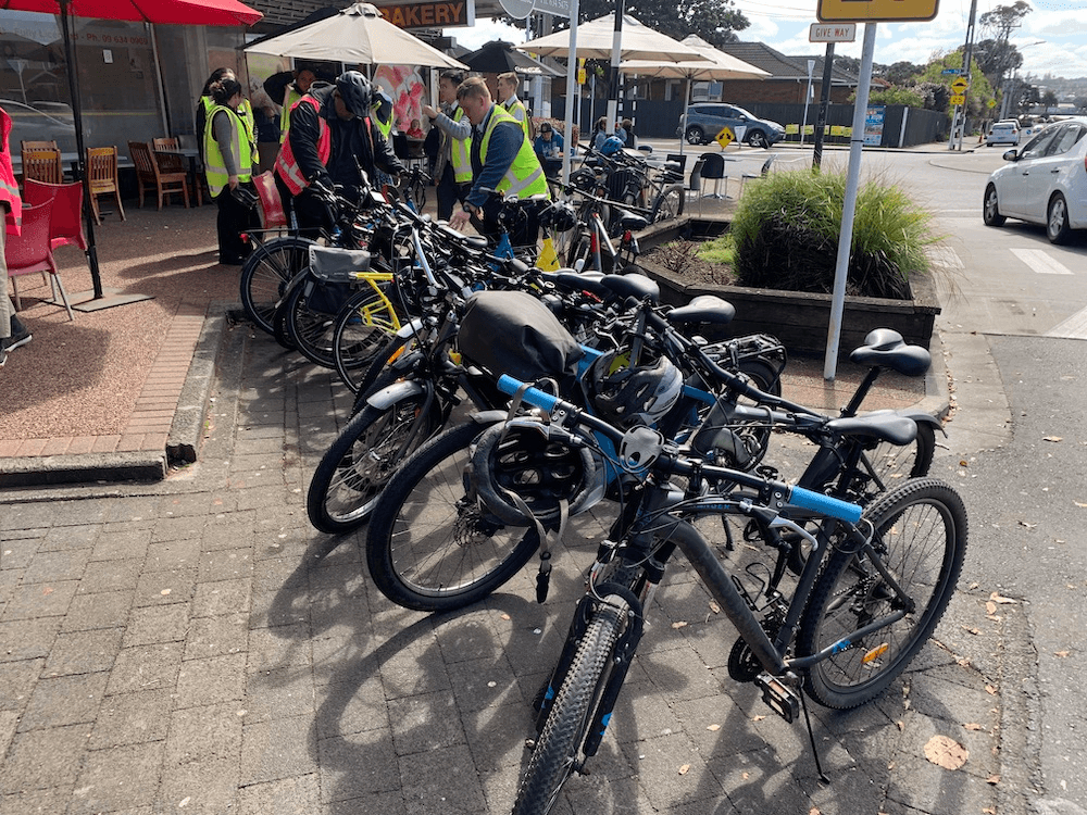 Bikes taking over a carpark outside Coronation Restaurant and Cafe.