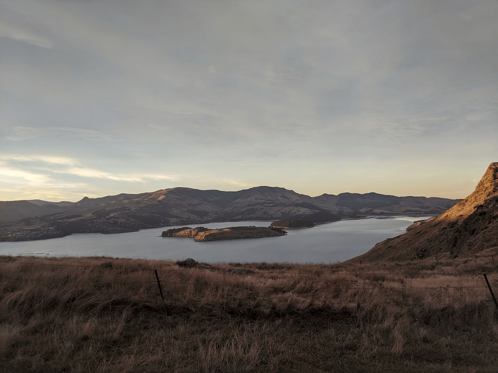 looking across a harbour with an island in the middle in the morning light