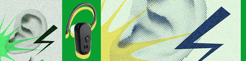 A collage-style image in green with some ears and a picture of a bluetooth hearing aid.