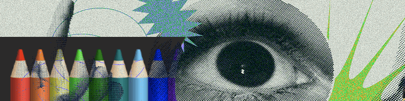 A collage-style image in green with an eye and a picture of a some coloured pencils.