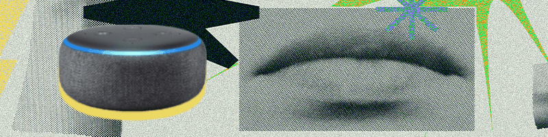 A collage-style image in green with some lips and a picture of a smart speaker.