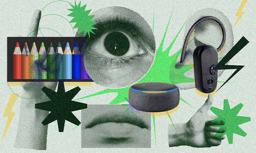 A collage-style image in green with an eye, lips, an ear and a hand in a thumbs up, and a picture of a some coloured pencils, a smart speaker and a bluetooth hearing aid.