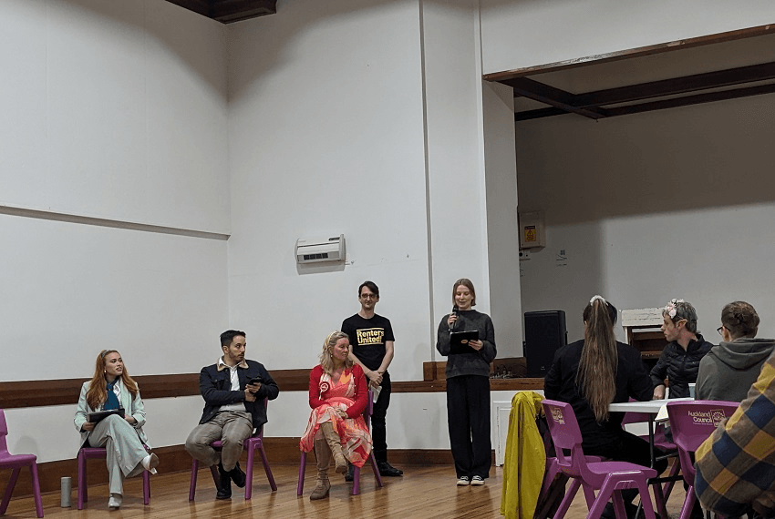 Ciara Swords, Ricardo Menéndez March and Helen White at the debate in Grey Lynn 

