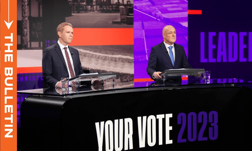 Chris Hipkins and Christopher Luxon at the first TVNZ leaders’ debate of 2023 (Photo: Andrew Dalton/TVNZ) 
