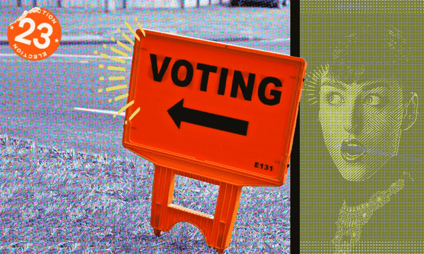 a split screen with an orange sign with an arrow and the words "voting"; on the other side an old-fashioned photo of a woman looking surprised