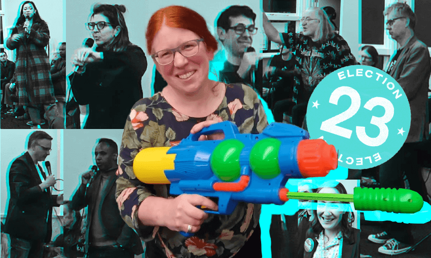 Madeleine and the candidates, clockwise from top left: Tamatha Paul, Natalia Albert, Scott Sheeran, Michael Appleby, Bryan Crump, Meg Lim, Ibrahim Omer, James Shaw. Image: Tina Tiller; Pics: Toby Manhire 
