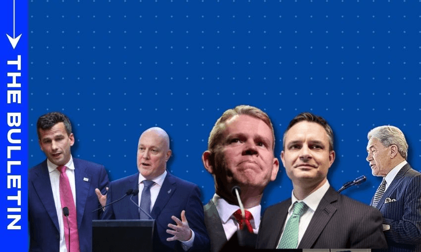 David Seymour, Christopher Luxon, Chris Hipkins, James Shaw and Winston Peters made their pitches to business at Te Papa in Wellington, September 5, 2023 (Image: Anna Rawhiti-Connell)