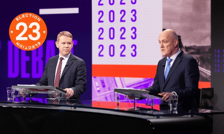 Chris Hipkins and Christopher Luxon at hte first TVNZ leaders’ debate of 2023 (Photo: Andrew Dalton/TVNZ) 

