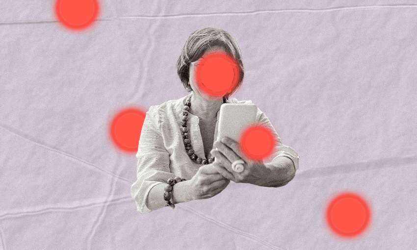 a woman with red docs on her face and phone on a light purple backgroun with a threatening aura