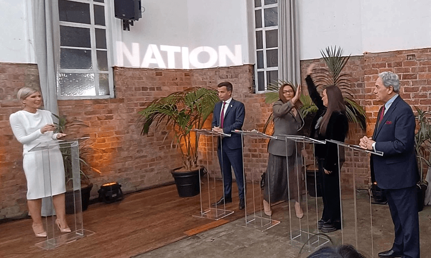 David Seymour, Marama Davidson, Debbie Ngarewa-Packer and Winston Peters at the Powerbrokers debate. Photo: Toby Manhire 
