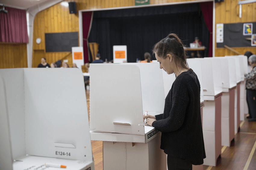a person in a cardboard voting booth marking their paper