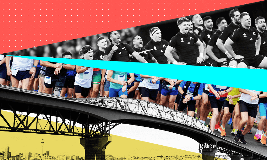 bright yellow, red and neon blue with a picture of the Auckland Harbour bridge supermiposed with rugby players and runners so the runners legs look like they belong to the rugby players