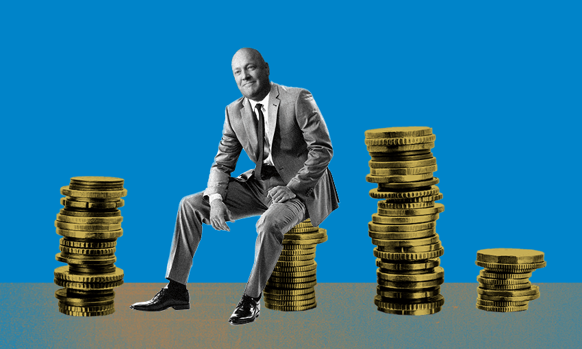 Christopher Luxon in a suit, sitting in a relaxed manner on a tower of coins, with coin towers of varying sizes either side of him