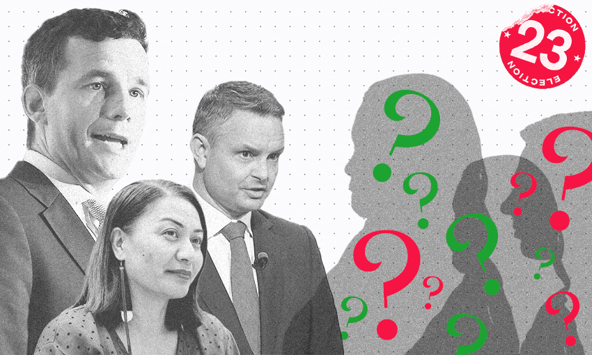 james shaw and marama davidson and david seymour faces with lots of pink and green questionmarks
