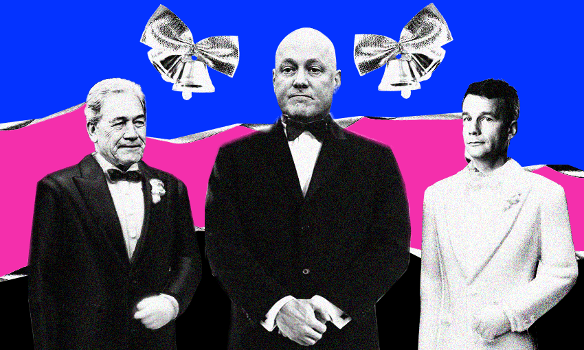 Winston Peters, Christopher Luxon and David Seymour dressed for a wedding