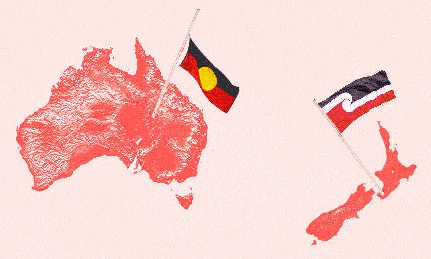 An image showing Australia and New Zealand – the former with their indigenous flag flying half mast and the latter with their indigenous flag flying at full mast.