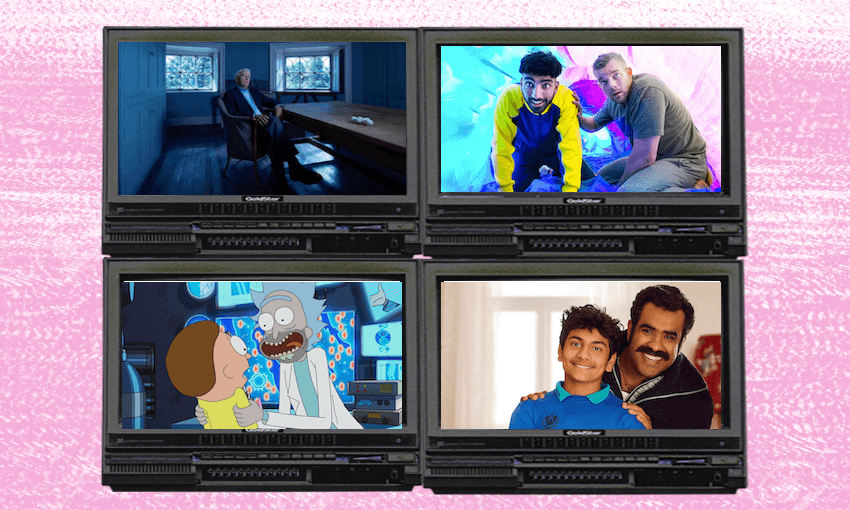 Clockwise: The Pigeon Tunnel, Juice, Raised by Refugees, Rick and Morty. 
