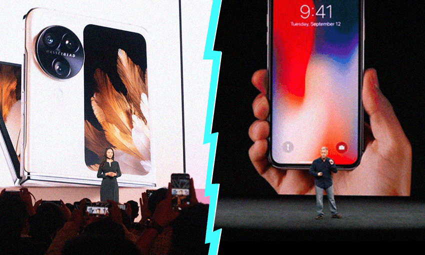 two cellphone launches, side-by-side