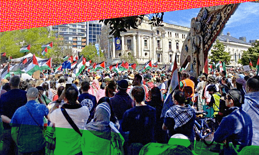 Demonstrators gather in Aotea Square in central Auckland on Saturday. (Photo: Marama Muru-Lanning/ Additional design: Archi Banal) 
