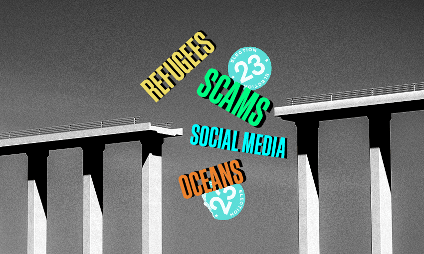 a bridge with a gap with the words refugees scams social media and oceans fallind through the empty space