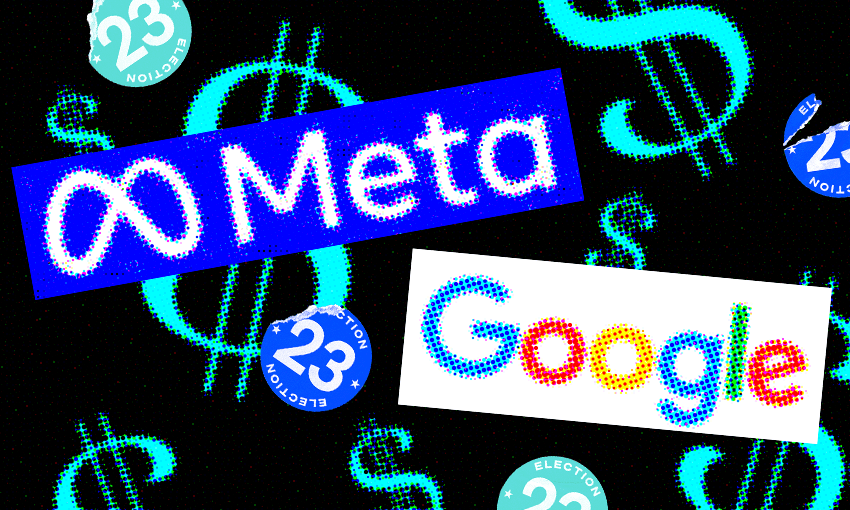 a black background with dollar signs and the logos of meta and google
