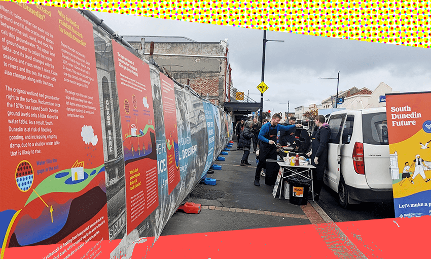 orange and yellow backgrond and a picture of a street with orange signs and a barbecue on the footpath