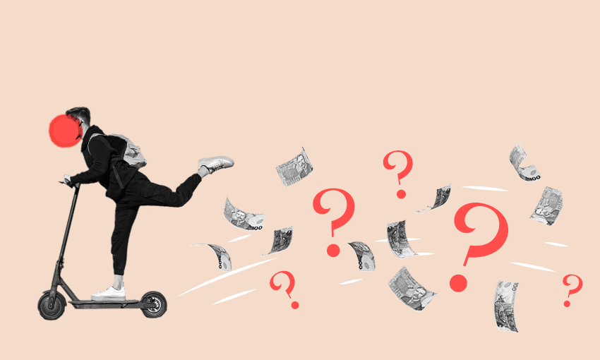 a beige backround, someone scooting into the distance with question marks and money in the air