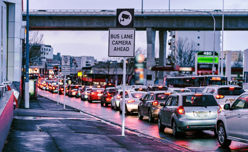 An Auckland bus lane at dusk