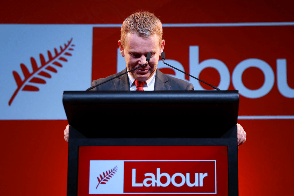 WELLINGTON, NEW ZEALAND – OCTOBER 14: New Zealand Prime Minister and Labour leader Chris Hipkins holds back emotion while speaking during a Labour Party election night event at Lower Hutt Events Centre on October 14, 2023 in Wellington, New Zealand. New Zealanders cast their votes in the country’s first post-pandemic general election on Saturday, against the backdrop of multiple natural disasters, rising cost of living pressures and a wave of low-level crime that has gripped the country. (Photo by Hagen Hopkins/Getty Images) 
