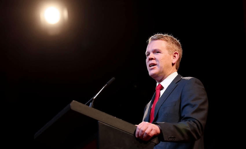 Chris Hipkins at the podium on election night