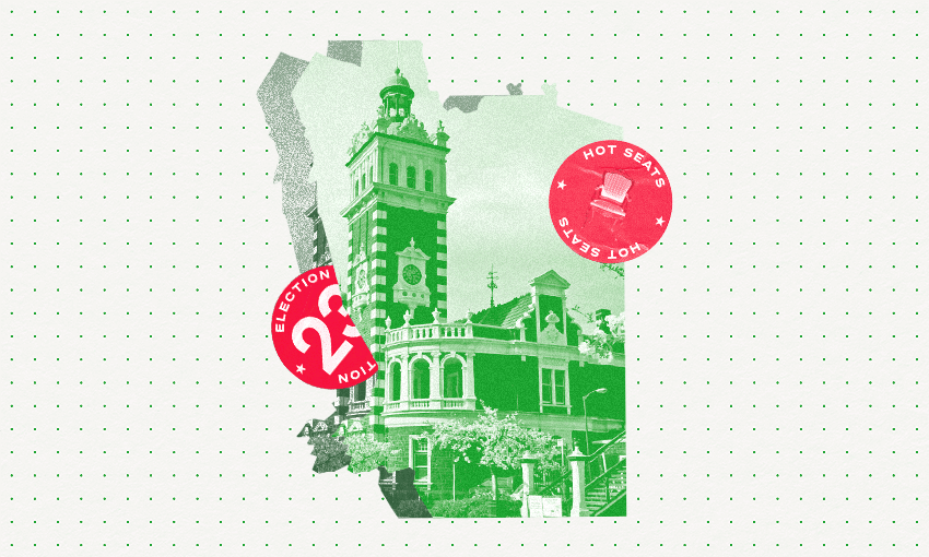 the cut out shape of the Dunedin electorate with the otago railway station clock tower in a dyed red colour