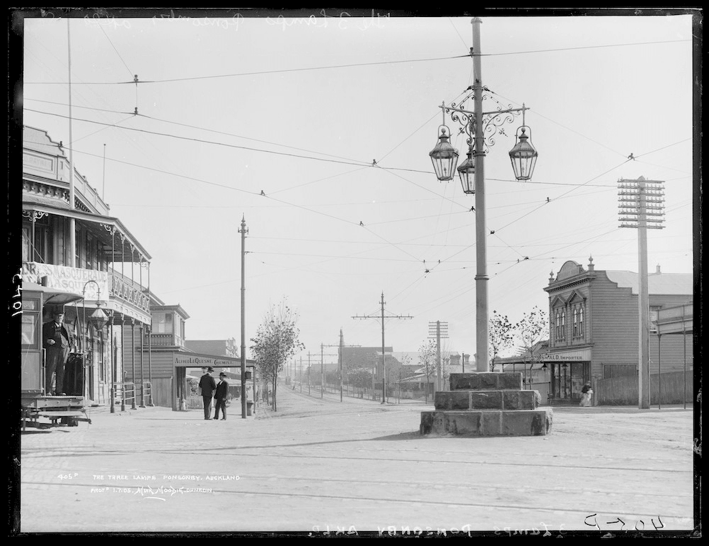 The Three Lamps, Ponsonby, Auckland, circa 1905, Dunedin, by Muir & Moodie. Te Papa (C.011042)