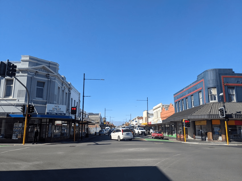 blue sky and buildings on the main drag of South Dunedin