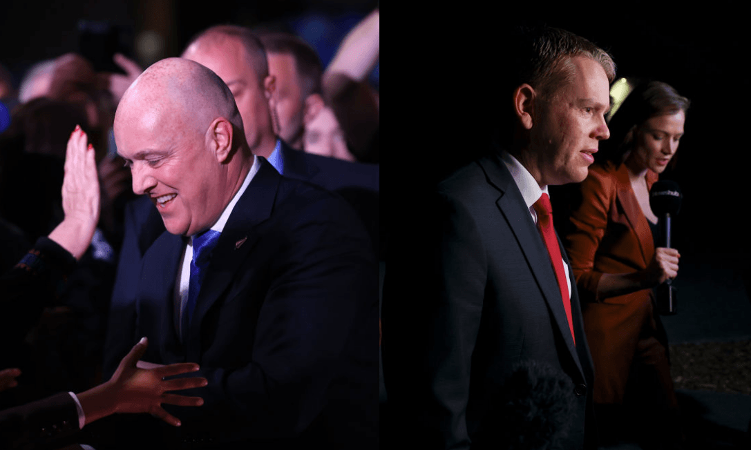 Christopher Luxon at his Auckland event and Chris Hipkins in the Hutt. (Photos: Getty Images) 
